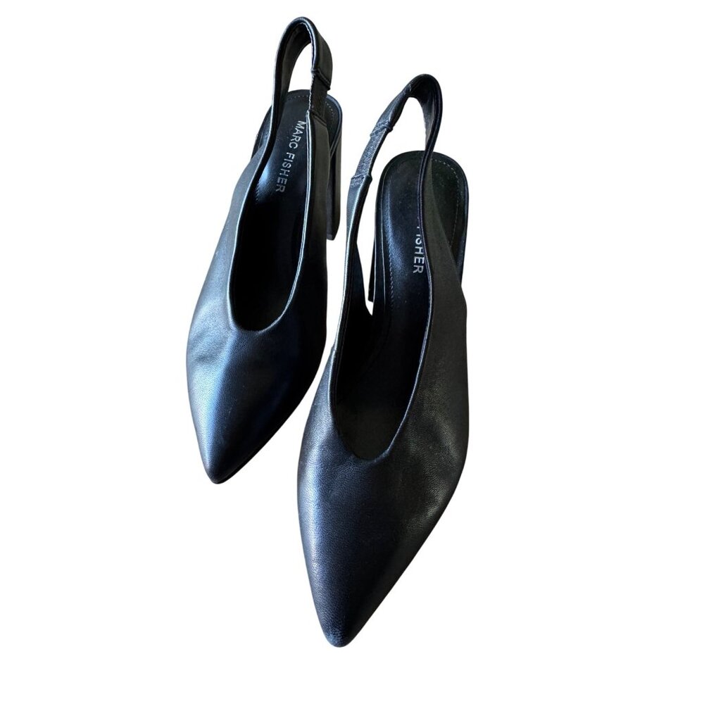 Marc Fisher Womens Black Slingback Heels Pointed Toe Block Heel Size 6.5M Leathe